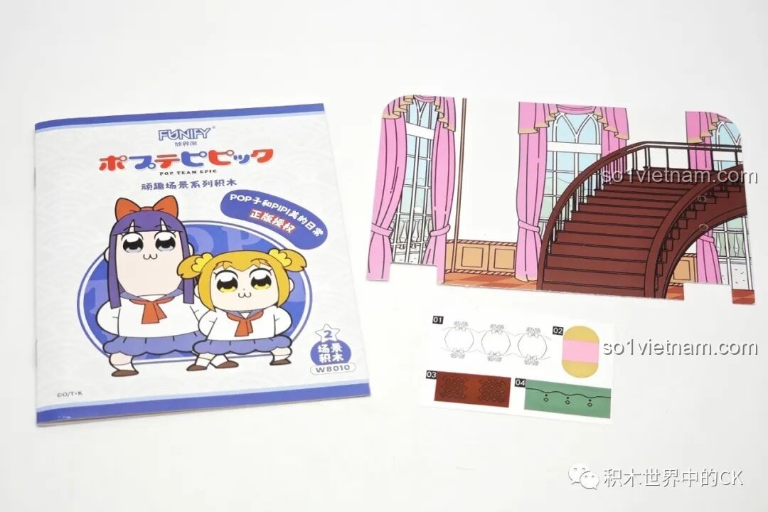 Cận cảnh mặt sau nhân vật Popuko trong bộ lắp ráp Biệt thự châu Âu Pop Team Epic FUNIFY W8010