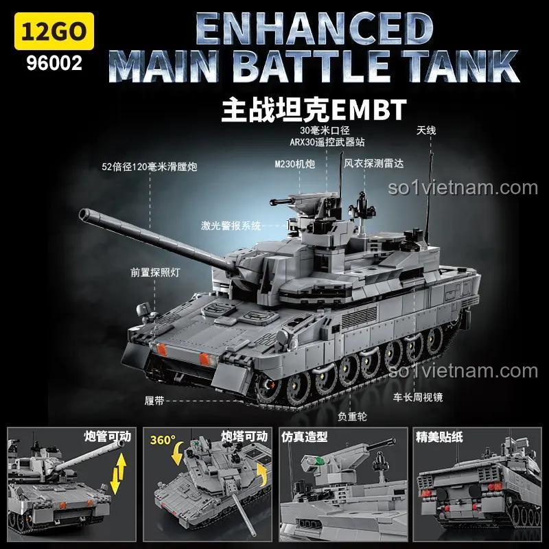 Chi tiết nội thất mô hình xe tăng chiến đấu chủ lực EMBT 12GO 96002, đồ chơi lắp ráp quân sự cho bé trai 6 tuổi, chi tiết cao, có điều khiển từ xa