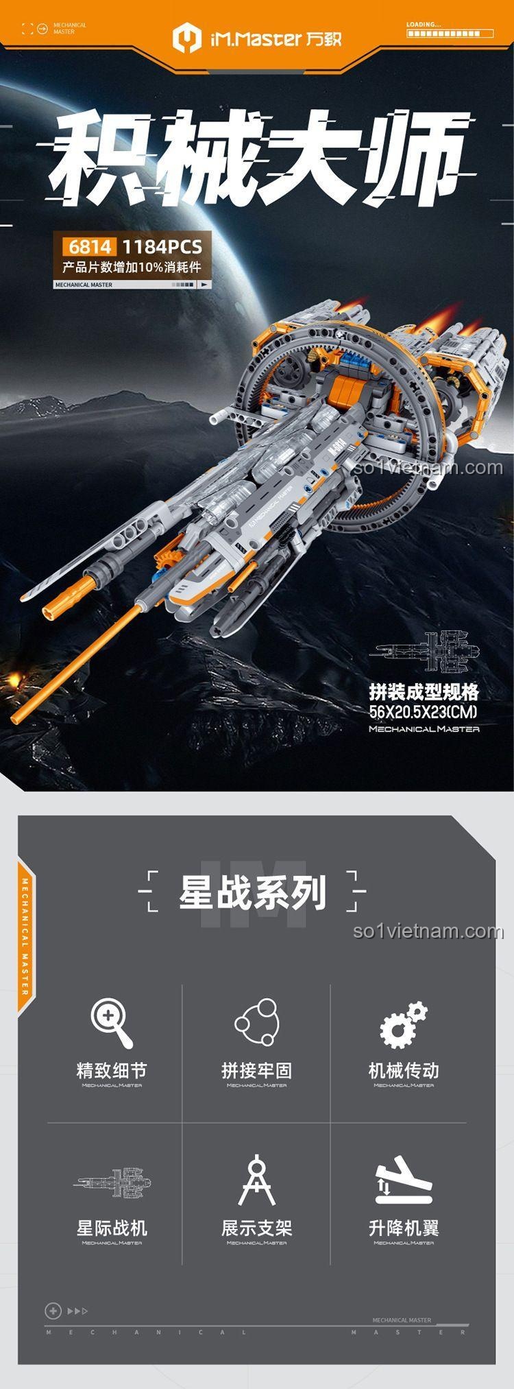 Chi tiết sản phẩm bộ lắp ghép Thiên Lang Hào Tinh Hạm 6814 của 万致IM.Master, thể hiện cơ chế liên kết quay và các bộ phận chi tiết