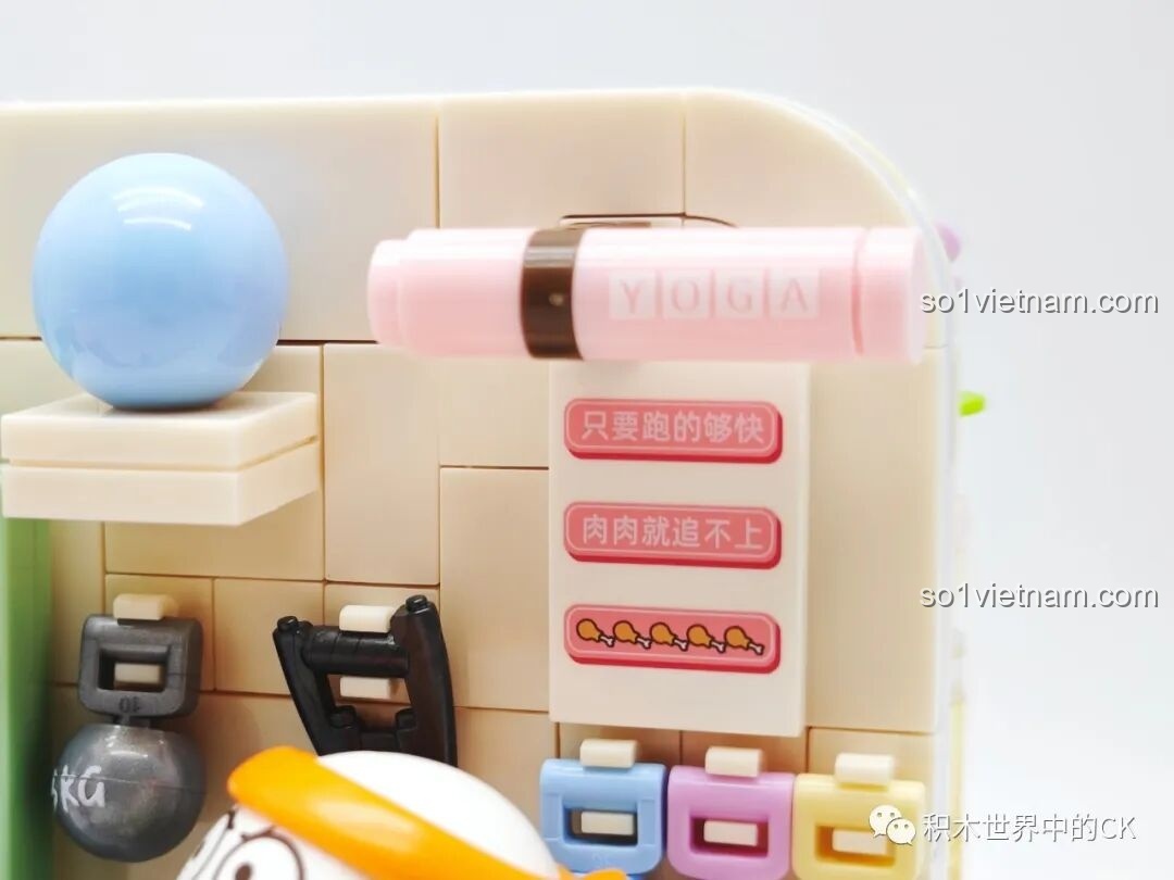 Chi tiết các quả tạ tay với nhiều màu sắc pastel và bình nước trong phòng gym của Vịt Liu Sembo.