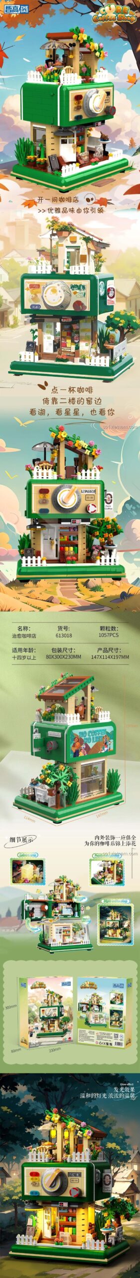 Chi tiết mô hình Tiệm Cà Phê Chữa Lành ZHEGAO 613018, bao gồm các khu vực chức năng và nhân vật, đồ chơi lắp ráp cho bé 14 tuổi