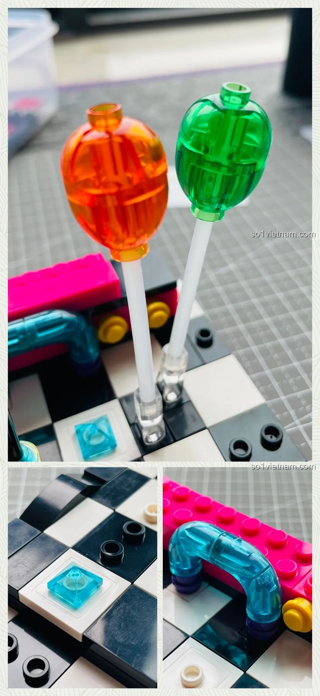 Cận cảnh các chi tiết trang trí sân khấu như kẹo mút khổng lồ màu cam, xanh lá và ống dẫn trong suốt màu xanh dương trong bộ Ái Vũ Đài.