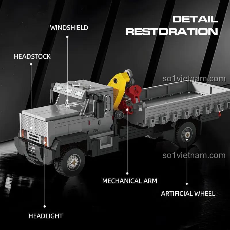 Chi tiết xe cẩu tự hành Xbert 66023, bao gồm kính chắn gió, đèn pha, cần cẩu cơ khí, bánh xe nhân tạo, đồ chơi lắp ráp cho bé trai 14 tuổi