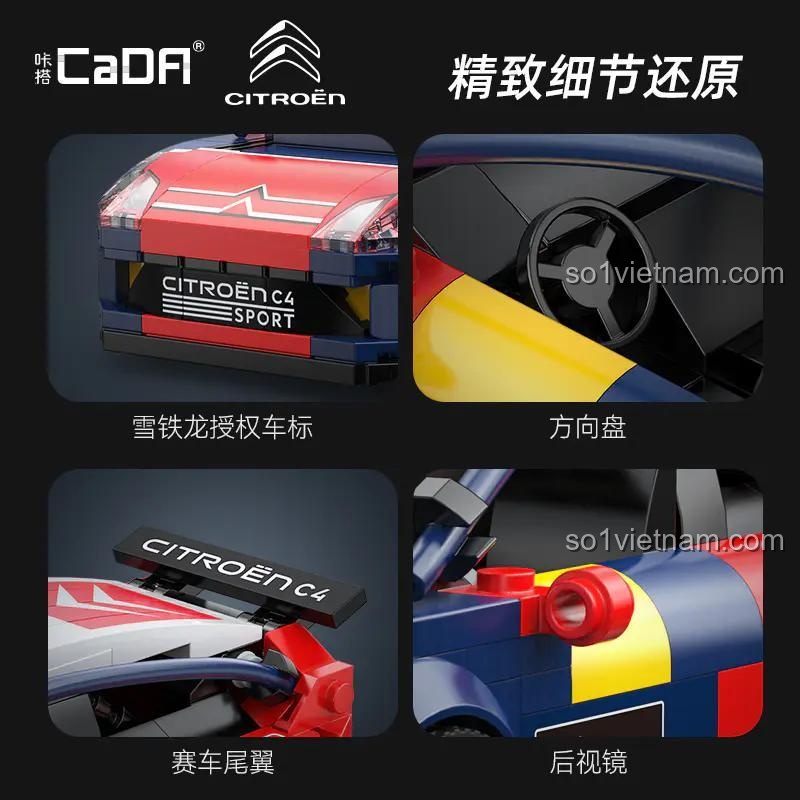 Chi tiết xe Citroen C4 WRC lắp ráp từ bộ CaDA C55033, vô lăng, gương chiếu hậu, cánh đuôi xe, đồ chơi xe đua