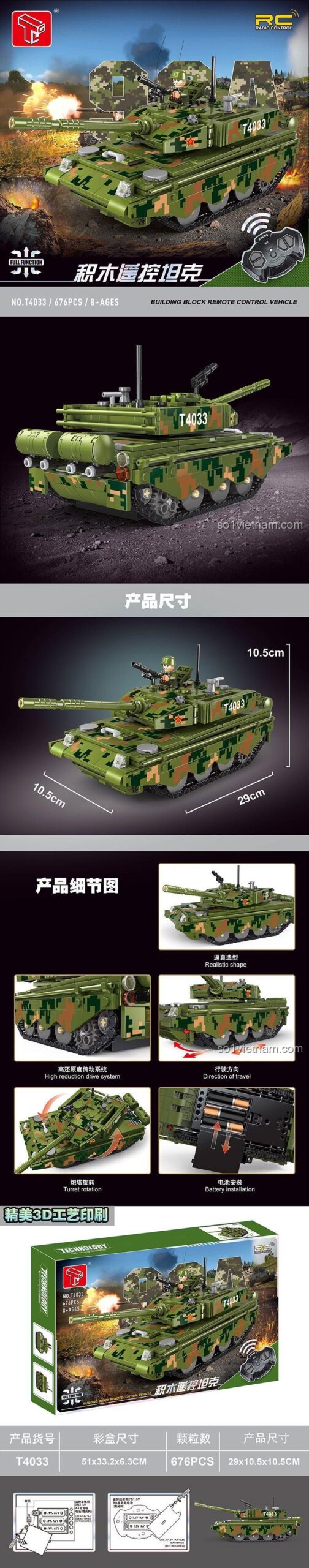 Chi tiết bộ đồ chơi xe tăng điều khiển từ xa 99A Tailele T4033