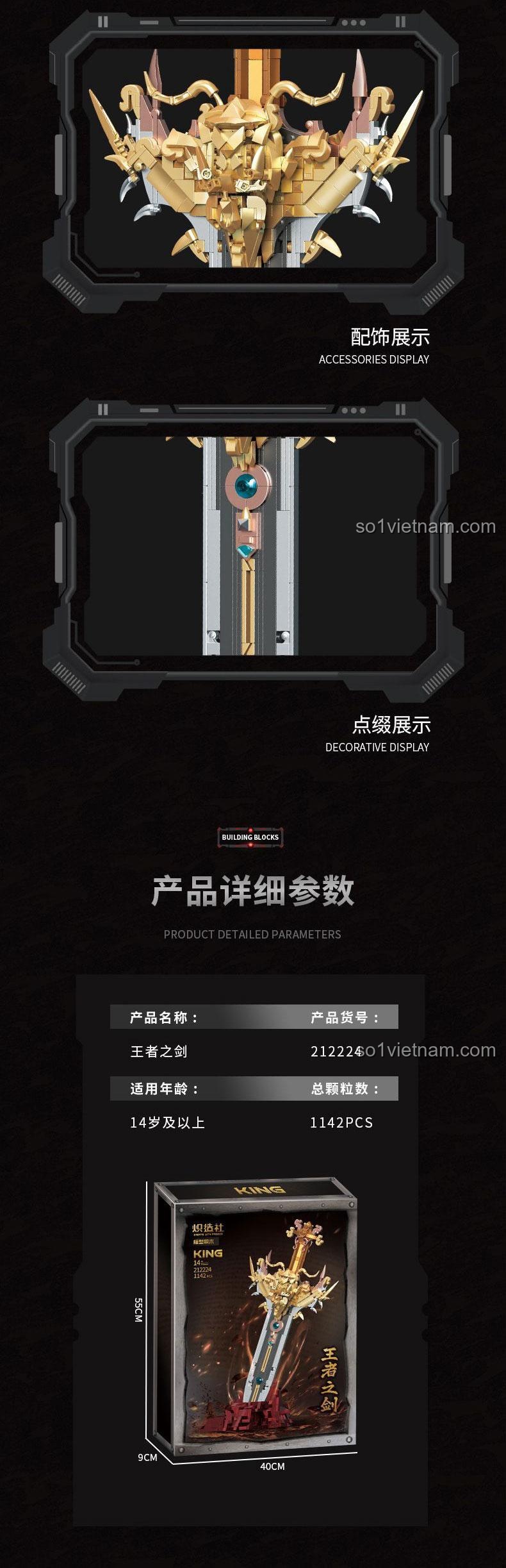 Phụ kiện và cấu trúc tay cầm của bộ lắp ghép Thanh kiếm huyền thoại 2224, Chizao She 212224 Thanh kiếm của vua, chi tiết mạ vàng, đồ chơi mô hình cho con trai 14 tuổi.