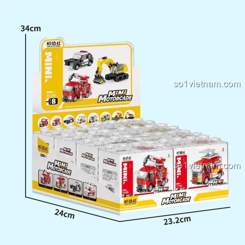 Các mẫu xe trong bộ lắp ghép Chizao She 2208-1: xe cứu hỏa, xe cứu thương, xe cảnh sát, xe cần cẩu, xe trộn bê tông, xe đua, xe lu, máy xúc, đồ chơi sáng tạo cho bé