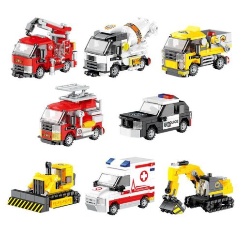 Bộ đồ chơi lắp ghép 8 mẫu xe Chizao She 2208-1 bao gồm xe cứu hỏa, xe cứu thương, xe cảnh sát, xe cần cẩu, xe trộn bê tông, xe đua, xe lu, máy xúc, đồ chơi xây dựng cho bé trai 8 tuổi, giá tốt