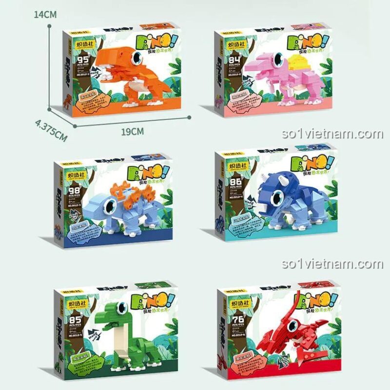 Các hộp nhỏ của bộ đồ chơi khủng long Chizao She 2212, mỗi hộp 95 mảnh, đồ chơi sáng tạo cho bé 8 tuổi