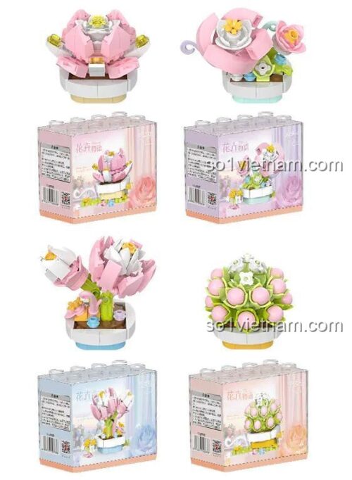 Các mẫu lắp ráp của bộ đồ chơi Chizao She B2155 Mô Hình Hoa Cúc & Cây Mọng Nước, đồ chơi xếp hình sáng tạo cho bé gái, có thể lắp 4 mẫu khác nhau