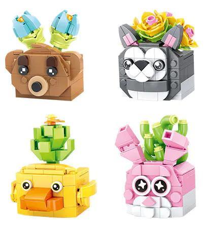 Bộ Lắp Ghép Mô Hình Động Vật Chậu Cây Chizao She B2159 - Gấu nâu với hoa xanh