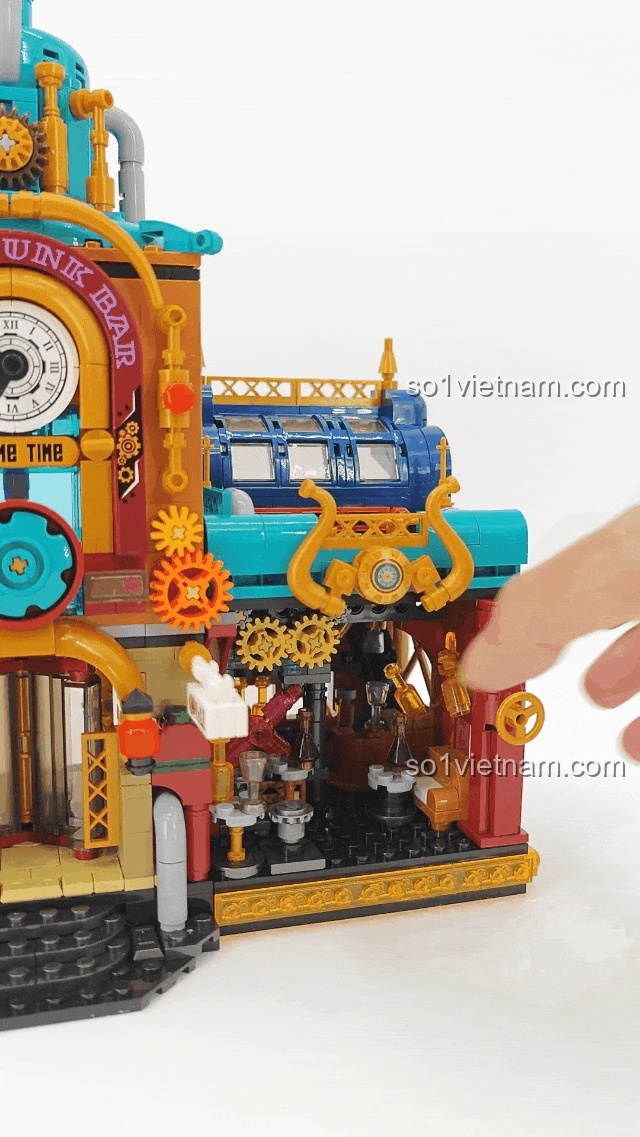 Ảnh động mô tả cơ chế chuyển động liên kết của hệ thống bánh răng trên mô hình ZHEGAO 958013 Quán Bar Steampunk.