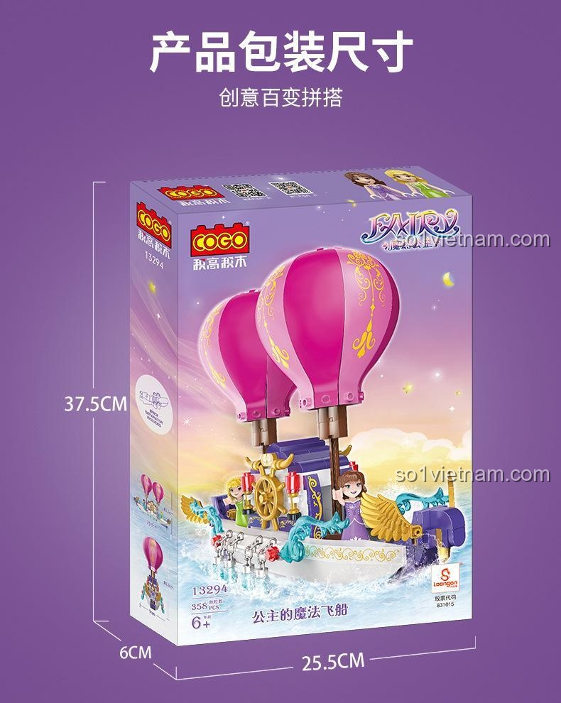 Kích thước hộp bộ lắp ghép COGO 13294 Thuyền bay phép thuật, cho bé gái 6 tuổi, giá hời