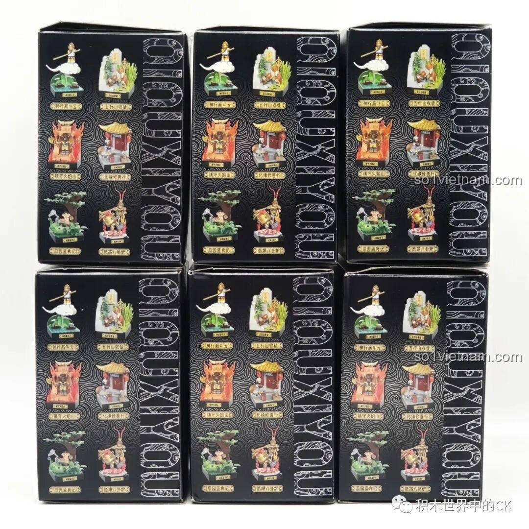 Các minifigures nhân vật trong bộ sưu tập Tây Du Ký của Cool Fun, bao gồm Tôn Ngộ Không, Đường Tăng, Sa Tăng. Các nhân vật được thiết kế chi tiết.