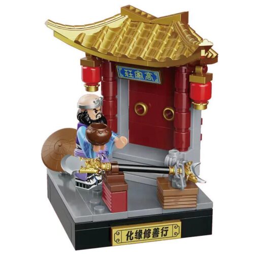 Ảnh chụp chính diện bộ lắp ghép Sa Tăng CQQ10016 của CoolFun. Minifigure Sa Tăng đứng trước một cổng chùa, tay cầm bát và vũ khí. Món đồ chơi mô hình giá rẻ cho bé trai 6 tuổi.