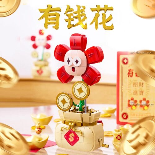 Ảnh quảng cáo của đồ chơi mô hình Chậu hoa may mắn CQQ1007, với các đồng tiền vàng bay xung quanh, phù hợp cho cả con trai và con gái.
