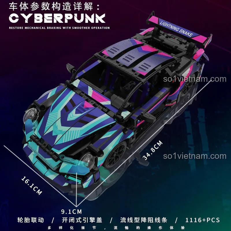 Kích thước xe Cyberpunk RSR 911: dài 34.8cm, rộng 16.1cm, cao 9.1cm, 1116 mảnh ghép Technic, tỉ lệ 1:16, phù hợp cho bé trai 14 tuổi