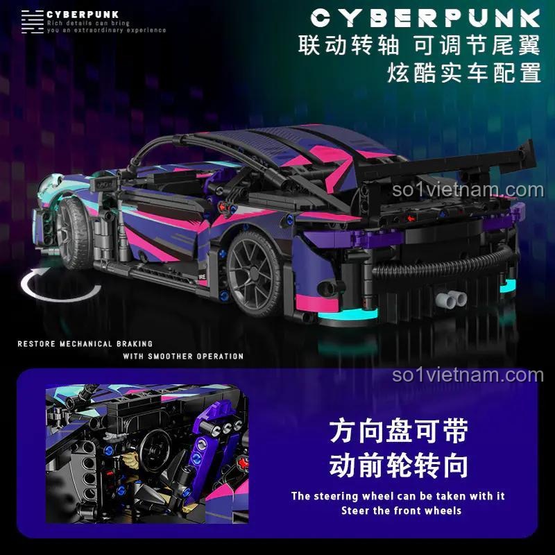 Mô hình xe Cyberpunk RSR 911 điều khiển bằng trục quay, bánh lái điều chỉnh hướng, 1116 mảnh ghép Technic, tỉ lệ 1:16, phù hợp cho bé trai 14 tuổi