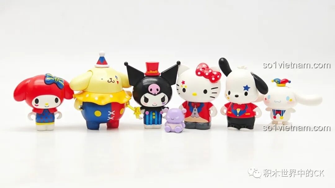 Toàn bộ 6 minifigure trong bộ Gánh xiếc ma thuật Sanrio Keeppley, gồm Hello Kitty, My Melody, Kuromi, Cinnamoroll, Pompompurin, Pochacco.