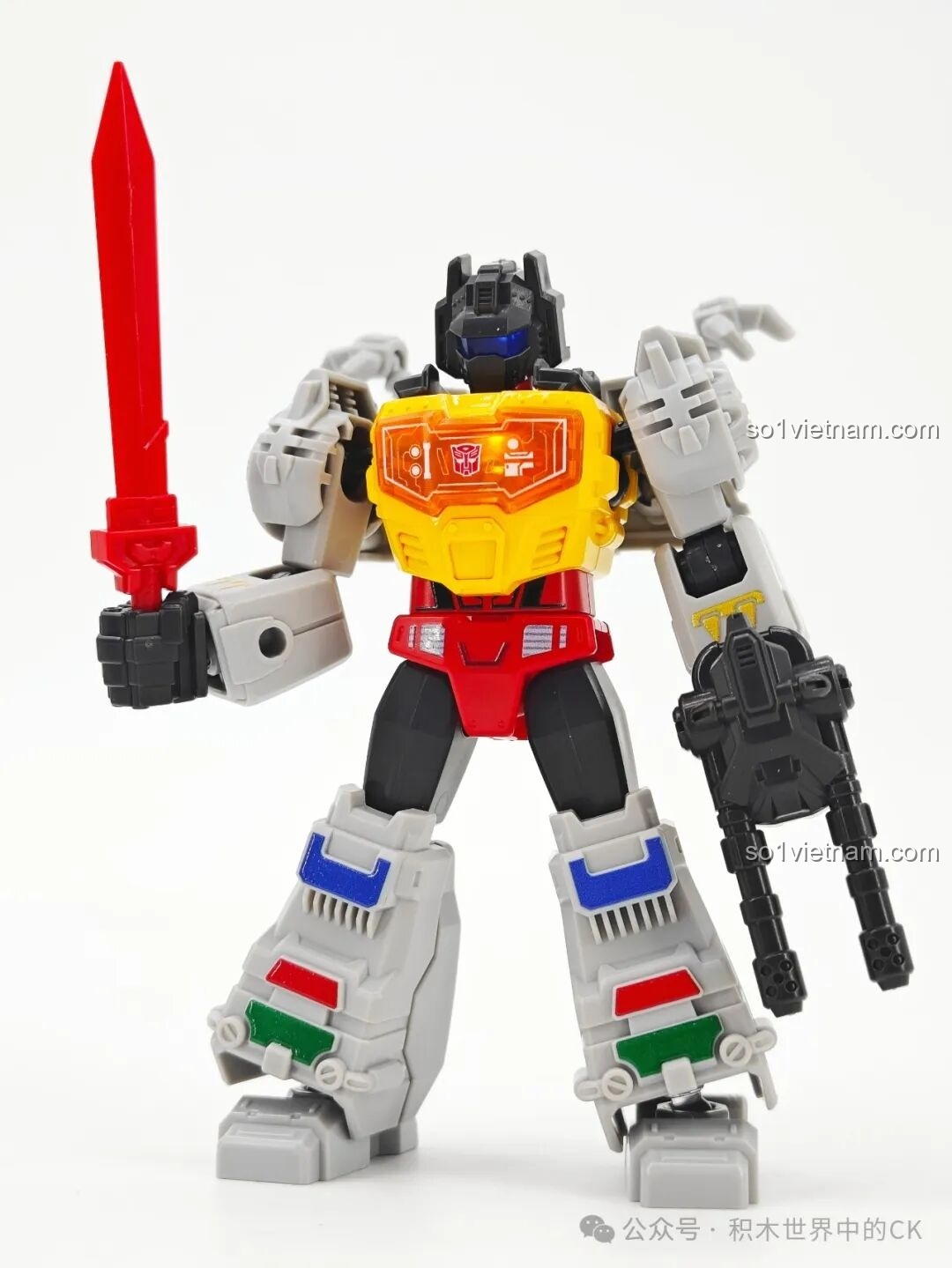 Đánh giá figure Grimlock từ bộ Blokees 71122, thủ lĩnh Dinobot với thanh kiếm đỏ và súng trong tay.