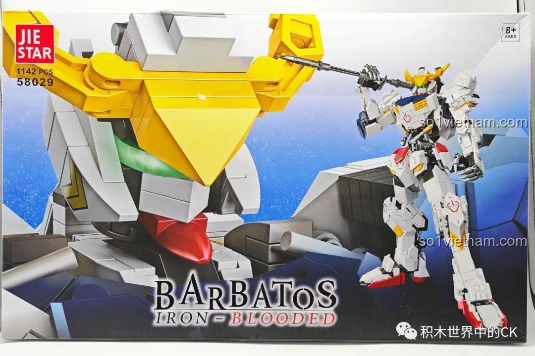 Hộp sản phẩm bộ lắp ghép JIESTAR 58029 Mecha Barbatos với hình ảnh robot Barbatos oai hùng, thu hút mọi ánh nhìn của bé trai 8+.