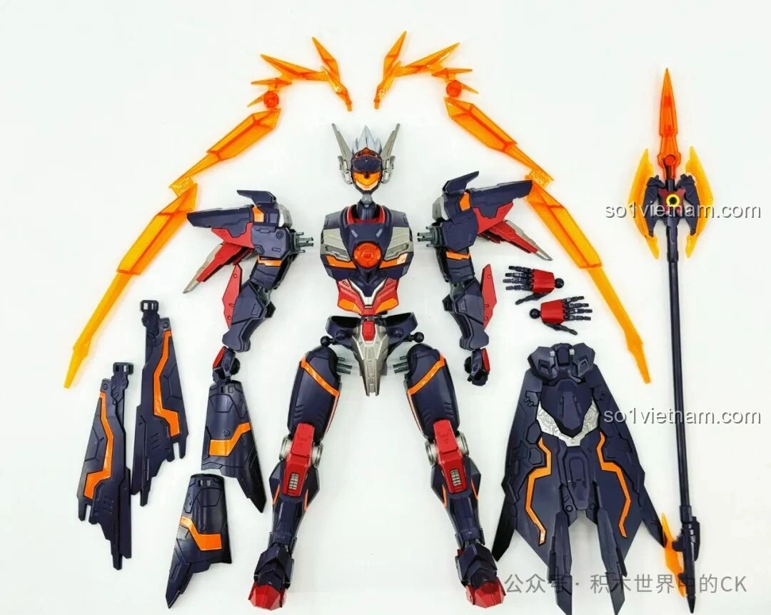 Các bộ phận chính của mô hình Keeppley 78031 Robot Lữ Bố Mạt Nhật đã được lắp ráp riêng lẻ, sẵn sàng để ghép nối thành một robot hoàn chỉnh, cho thấy cấu trúc tổng thể của Cơ Giáp Lữ Bố Doomsday Mecha.