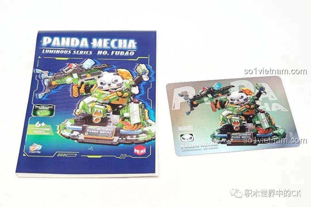 Sách hướng dẫn lắp ráp và thẻ sưu tầm của bộ ZHEGAO 662011 Panda Mecha Phúc Bảo Hào, đồ chơi lắp ráp robot gấu trúc.
