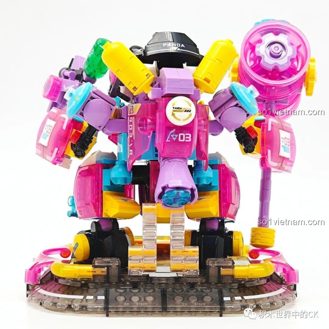 Mô hình ZHEGAO 662012 Robot Panda Lilia nhìn từ trên xuống, thể hiện tổng thể thiết kế và vũ khí, đồ chơi lắp ráp phát sáng.