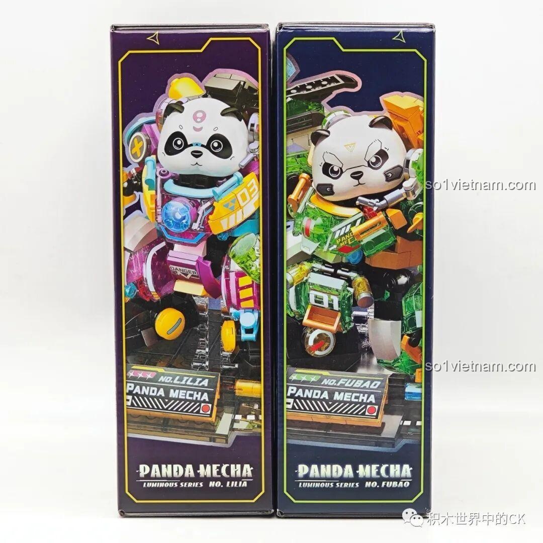 Mặt bên hộp đồ chơi lắp ráp ZHEGAO Robot Gấu Trúc Phúc Bảo Hào và Lilia, thể hiện hình ảnh robot đứng thẳng và thông tin mã sản phẩm.