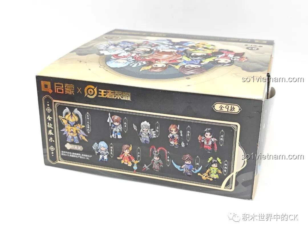 Mặt sau hộp đồ chơi mô hình Qman 78002 liệt kê đầy đủ 9 minifigure cơ bản trong bộ sưu tập Các tướng trong game Vương Giả Vinh Diệu.