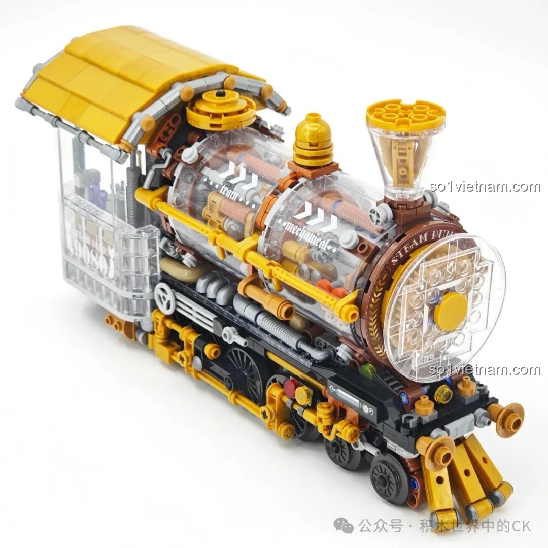 Mô hình đầu Tàu Hỏa Steampunk ZHEGAO 958016 sau khi lắp ráp hoàn chỉnh với cabin và mái che màu vàng.