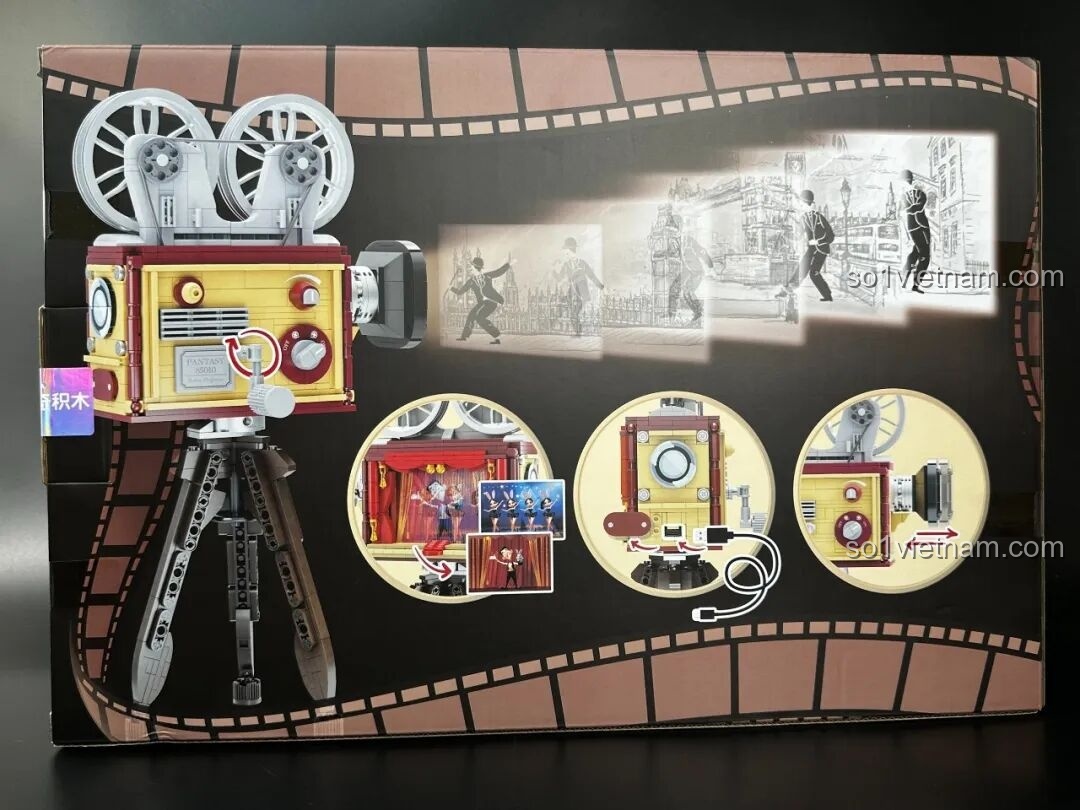 Dây cáp USB và đèn LED nhỏ đi kèm bộ lắp ráp Pantasy Máy Chiếu Phim Cổ Điển Retro 85010, cho phép mô hình có khả năng chiếu sáng.