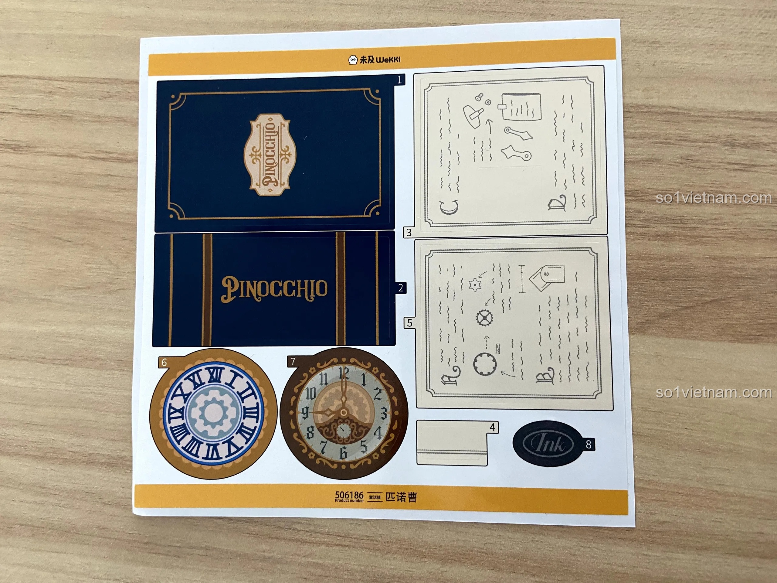 Tờ decal nhỏ dùng để trang trí sách, đồng hồ và các phụ kiện khác của bộ lắp ghép Wekki 6186 Pinocchio.