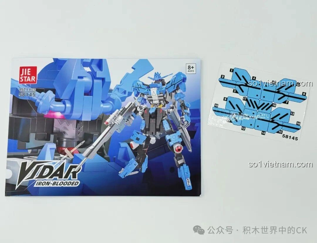 Tờ decal và sách hướng dẫn lắp ráp chi tiết của bộ đồ chơi mô hình Robot Vidar JIESTAR 58145, hỗ trợ quá trình xây dựng.