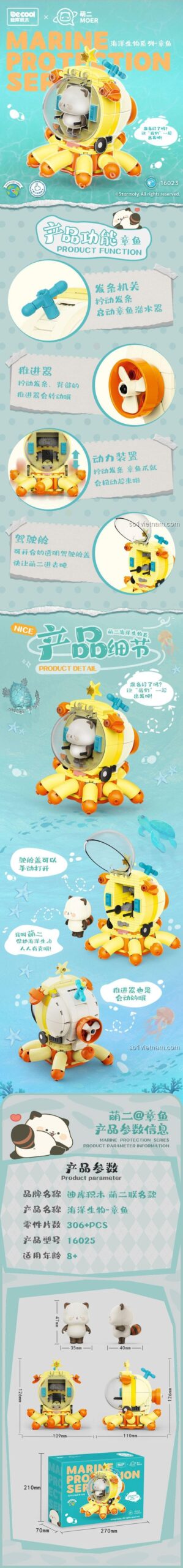 Kích thước hộp đựng bộ lắp ghép tàu ngầm sinh vật biển bảo vệ, 306 chi tiết, cho bé 6 tuổi