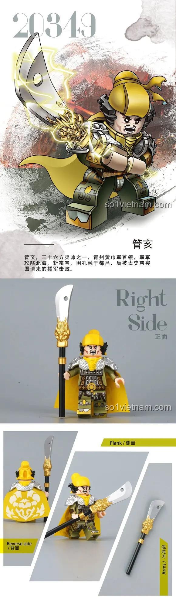 Chi tiết đồ chơi mô hình Decool 20349 Minifigure Quan Hợi, với vũ khí đao, thiết kế tỉ mỉ cho bé trai 6 tuổi yêu thích lịch sử.