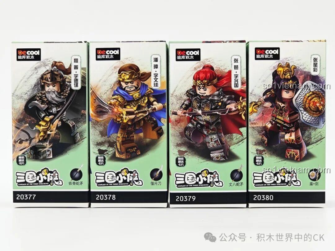Cả bộ sưu tập Tam Quốc Tiểu Hiệp của Decool, bao gồm minifigure 20379 Trương Bào và các nhân vật khác.