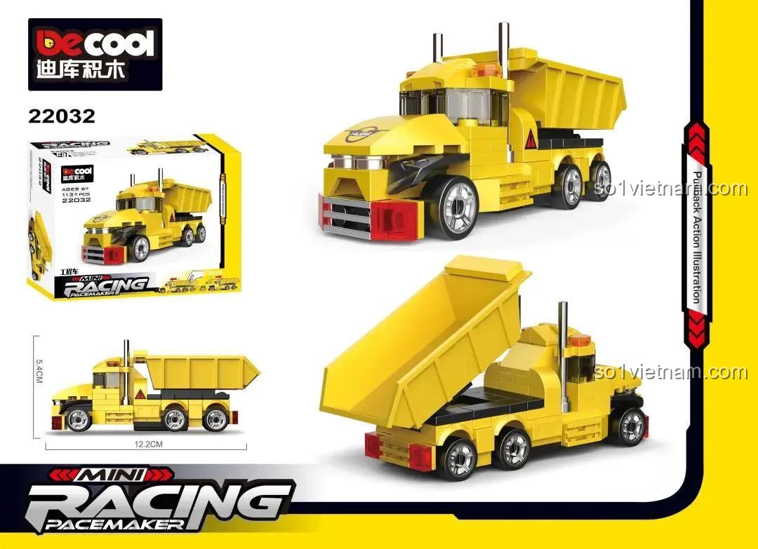 Bộ lắp ghép DECOOL 22032 Xe Tải Kéo Lùi, mô tả tính năng kéo lùi và kích thước mô hình 12.2cm x 5.4cm, đồ chơi xây dựng cho bé trai 6 tuổi.