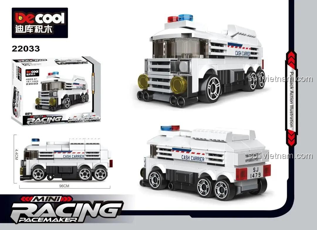 Bộ lắp ghép DECOOL 22033 Xe Cảnh Sát Chở Tiền Chống Bạo Động giá tốt, có ảnh hộp và kích thước rõ ràng cho bé trai 6 tuổi