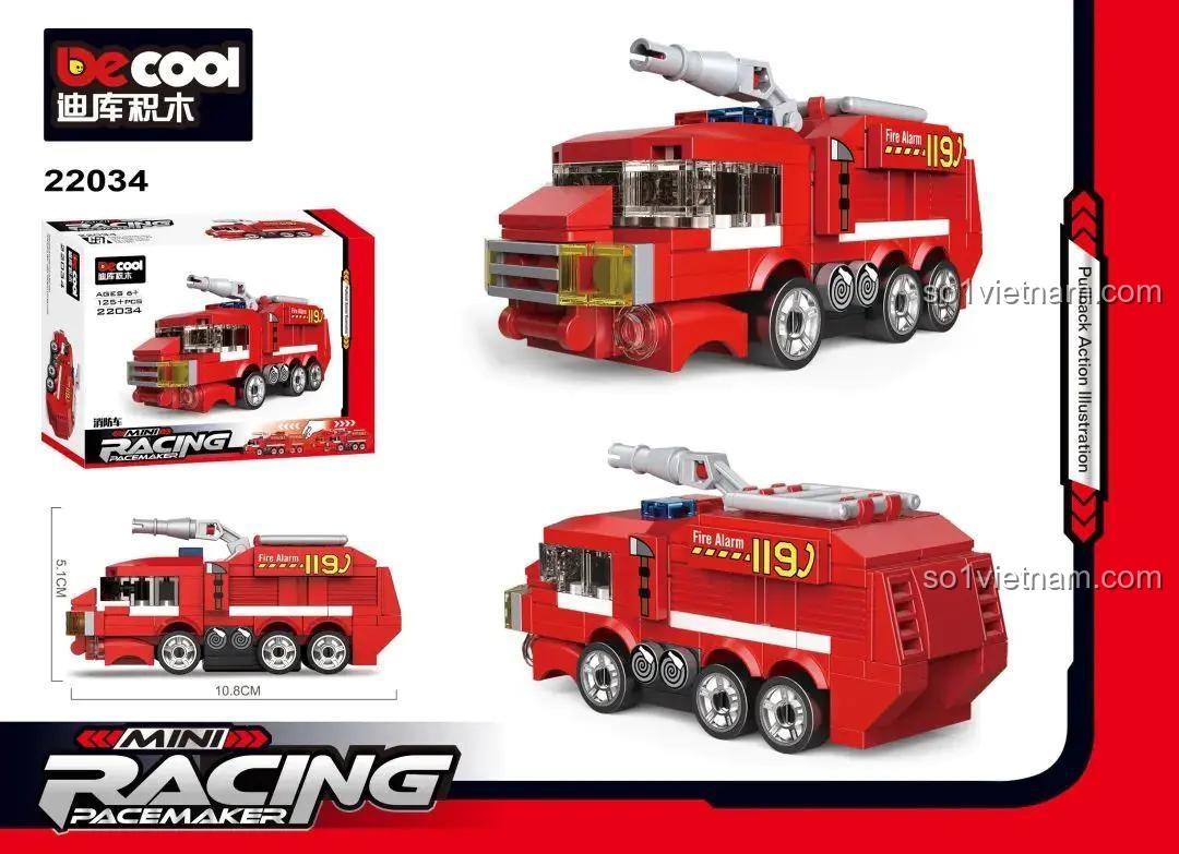 hộp đồ chơi lắp ráp DECOOL 22034, xe cứu hỏa mini có kích thước 10.8cm, đồ chơi cho bé trai 6 tuổi, giá rẻ