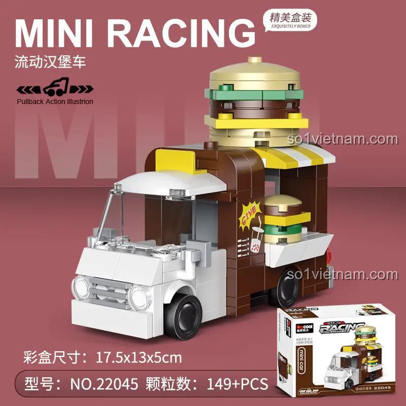 Hộp đồ chơi mô hình DECOOL 22045 Xe Hamburger Mini 149 chi tiết, có động cơ kéo lùi, đáng tiền cho bé trai 6 tuổi.