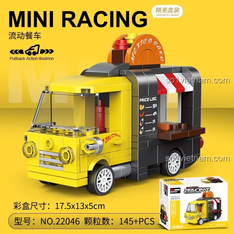 Hộp đồ chơi lắp ráp DECOOL 22046, thể hiện xe tải thức ăn di động với tính năng kéo lùi, phù hợp bé trai.