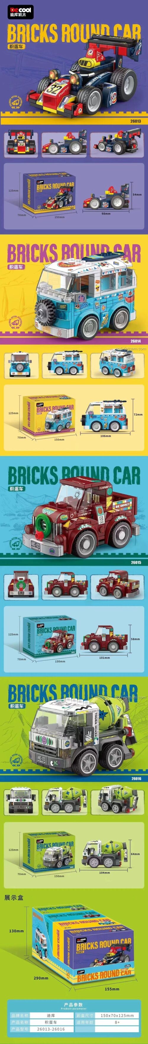 Đồ chơi lắp ráp Decool 26015 Bricks Round Car với 4 mẫu xe kéo lùi, thể hiện kích thước chi tiết cho bé trai 6 tuổi