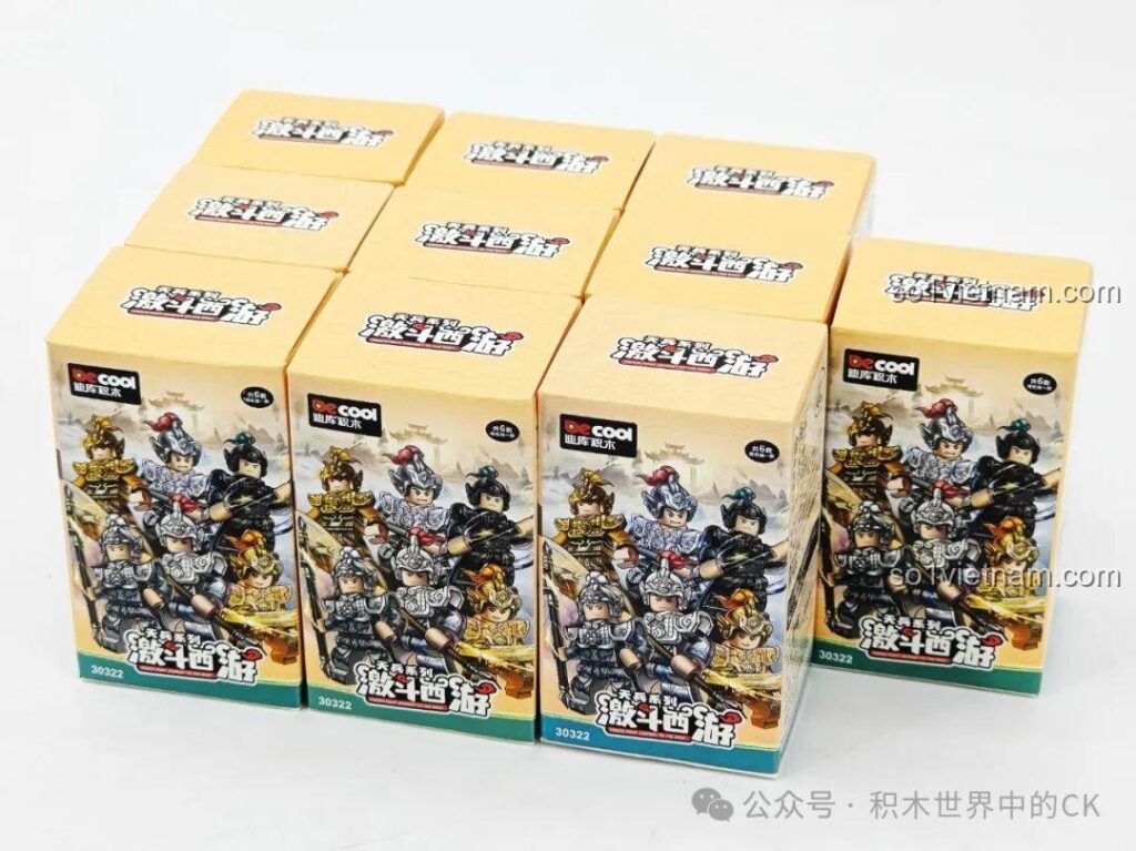 Toàn cảnh những hộp blind box Decool 30322 Thiên Binh Series, thiết kế hộp vuông vắn màu vàng bắt mắt.