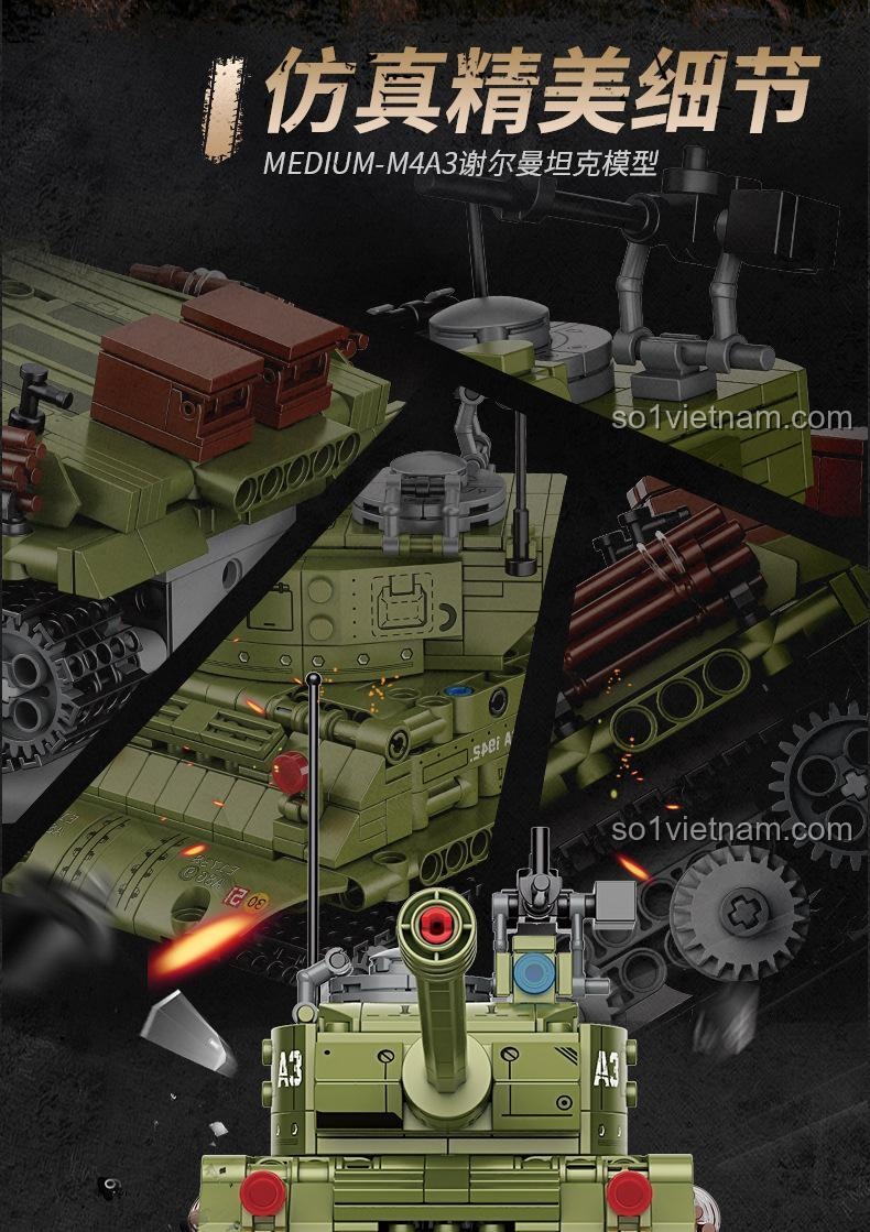 Cận cảnh các chi tiết tinh xảo của đồ chơi xây dựng Xe tăng chiến đấu M4A3, mô phỏng chân thực.