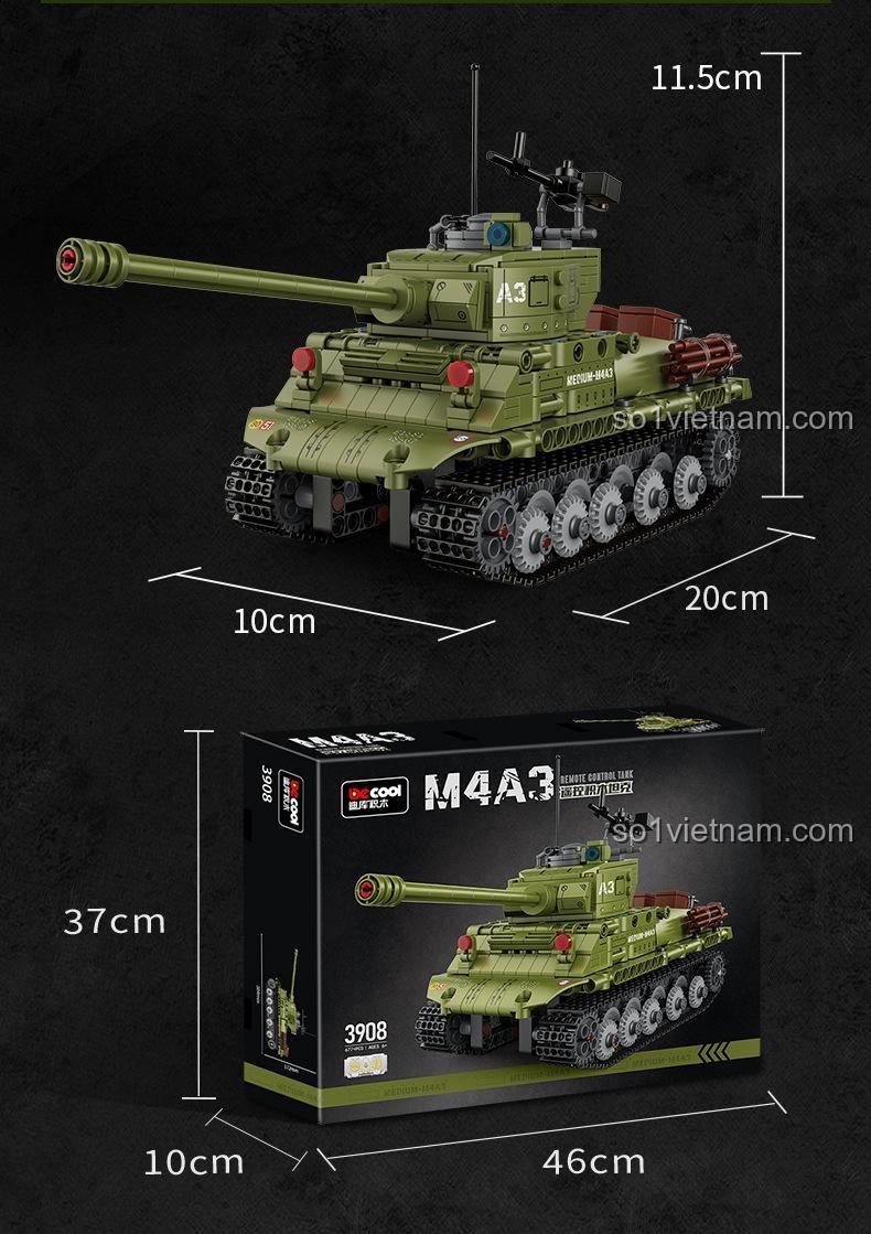 Ảnh thể hiện kích thước chi tiết của mô hình và hộp sản phẩm Decool 3908.