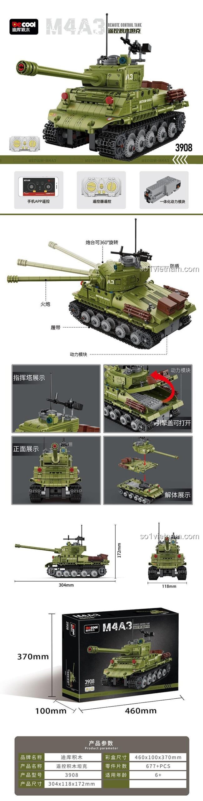 Ảnh tổng quan các tính năng, chi tiết và kích thước của bộ lắp ráp Decool 3908.