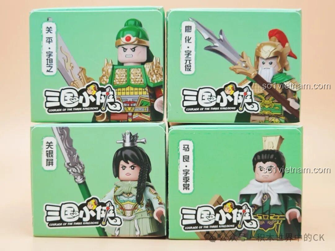 Bốn hộp sản phẩm Decool Minifigure Tam Quốc xếp cạnh nhau, nhìn từ trên xuống. Review Decool 20368 Mã Lương.