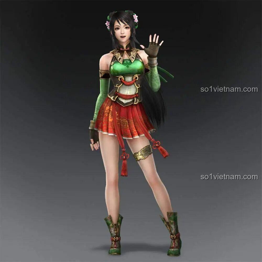 Hình ảnh minh họa nhân vật Quan Ngân Bình trong game, với trang phục xanh lá và đỏ, tóc đen dài, tạo dáng chào. Review Decool Minifigure Tam Quốc.