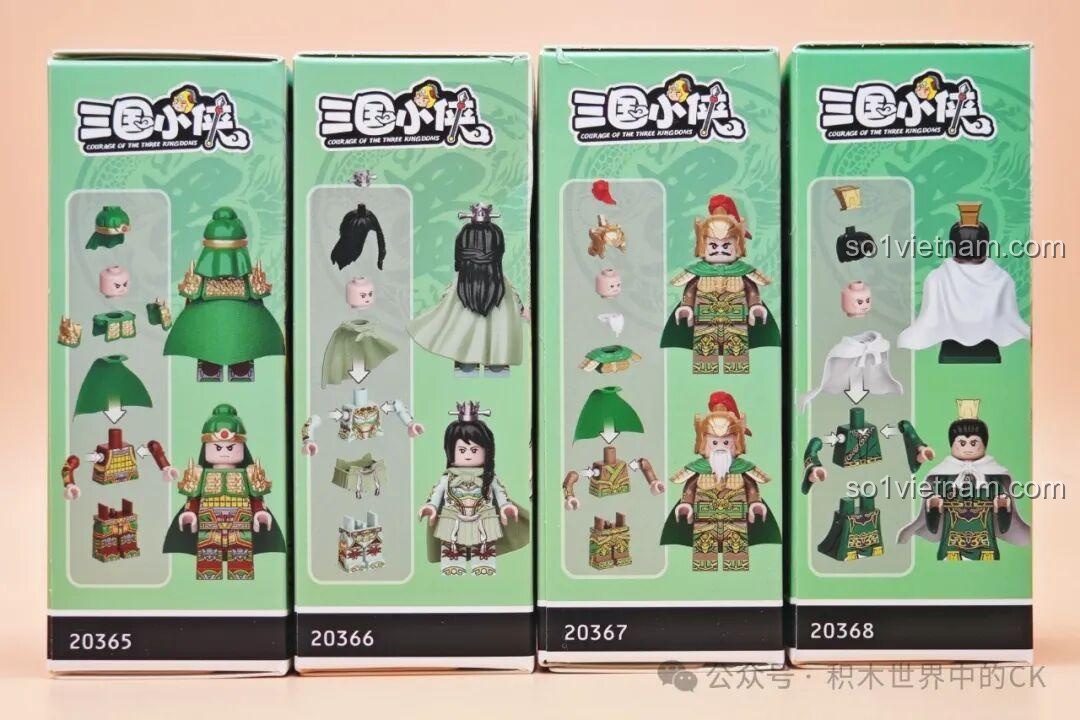 Mặt bên hộp sản phẩm Decool Minifigure Tam Quốc hiển thị các mảnh ghép và hướng dẫn lắp ráp sơ bộ. Review Decool 20368 Mã Lương.